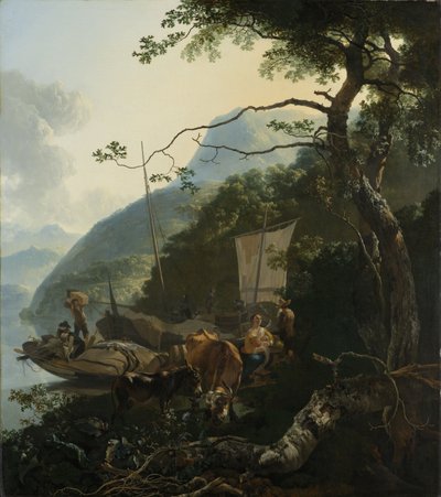 1650-70年のイタリアの湖の岸に係留された船頭 作： Adam Pynacker