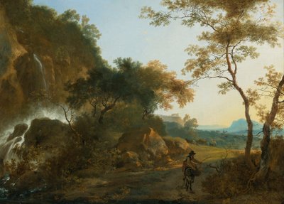滝のそばの道を行く旅人のいるイタリア風の風景 作： アダム・ピナッカー