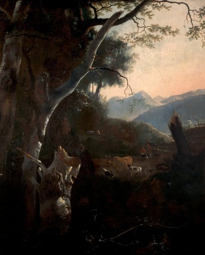 農民、牛、山羊の山岳風景 作： Adam Pynacker