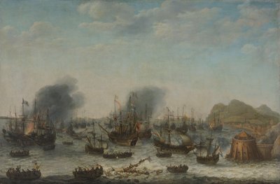 1607年4月25日、ヤコブ・ファン・ヘームスケルク提督指揮下のオランダ艦隊によるジブラルタルでのスペイン軍の敗北 作： Adam Willaerts (signed by artist)