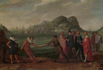 黄金の杖をめぐる戦い(ドミニオン・オブ・ザ・ワールド) 1607 年 4 月 25 日、ジブラルタルでのスペイン艦隊に対するオランダの勝利の寓話 作： Adam Willaerts