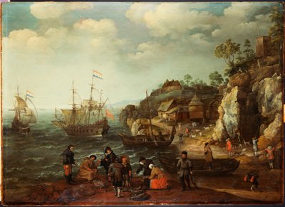 1626年の海岸の漁師と猟師のいる海岸の風景 作： Adam Willaerts