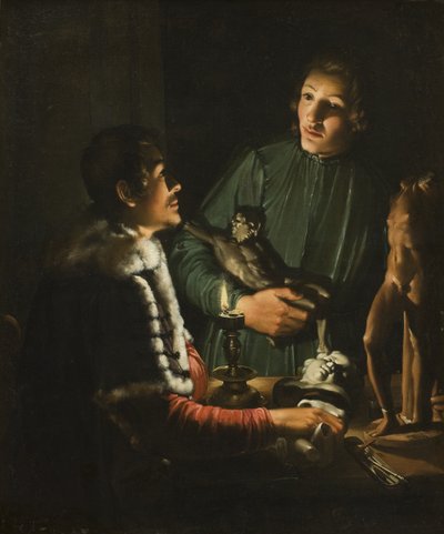 ローマの夜の 2 つの彫刻家。 フランソワ・デュケノワとゲオルク・ペテルの二重肖像画 作： Adam de Coster