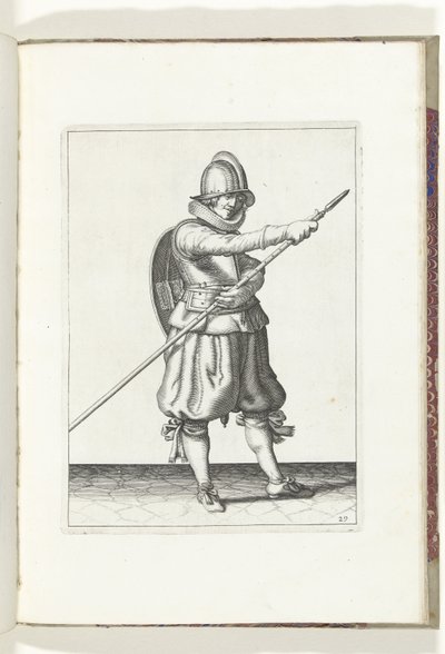 盾とスパイクを使った演習：兵士が両手でスパイクを再配置する（No. 29）、1618 Nassausche Wapen-Handelinge、van Schilt、Spies、Rappier ende Targe : フィギュアで描かれ、[の] 新しい秩序の後に設定されます (...) Ma 作： Adam van Breen