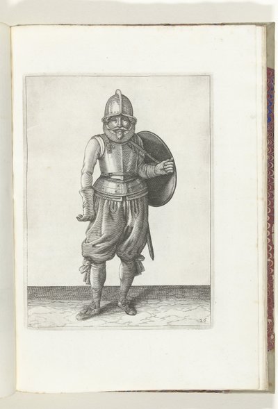 盾と槍を使った演習: 兵士は左腕で盾を背中に戻します (no. 26), 1618 Nassausche Wapen-Handelinge、van Schilt、Spies、Rappier ende Targe : 図で描かれ、[の] 新しい順序に従って設定されます (.. 作： Adam van Breen