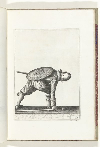 盾とスパイクを使った演習：スパイクを拾うためにかがむ兵士（No. 28）、1618 Nassausche Wapen-Handelinge、van Schilt、Spies、Rappier ende Targe : 人物によって描かれ、[の] 新しい秩序の後にポーズをとった (...) Maurits van Nassau (t 作： Adam van Breen