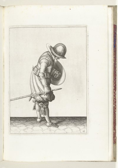 盾とスパイクを使った演習: 兵士は右足の隣の地面にスパイクを置きます (No. 16), 1618 Nassausche Wapen-Handelinge、van Schilt、Spies、Rappier ende Targe : 人物によって描かれ、[の] 新しい秩序に従ってポーズをとった (...) M 作： Adam van Breen