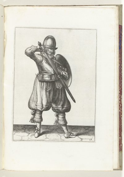 盾と槍の演習：レイピアを鞘に収める兵士（No. 24）、1618 Nassausche Wapen-Handelinge、van Schilt、Spies、Rappier ende Targe : フィギュアで描かれ、[of] (...) Maurits van の新しい秩序に従ってポーズをとった 作： Adam van Breen