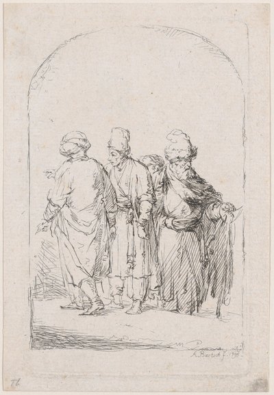 東洋の衣装を着た 4 人の立っている男性のグループ、1795 年。 作： Adam von Bartsch