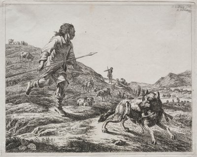 羊飼いがオオカミを追いかけている、1803。 作： Adam von Bartsch