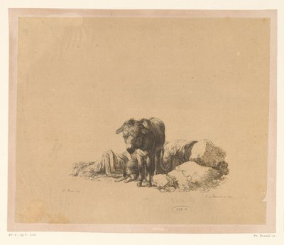 横たわっている犬と眠っている男の前に立っているロバ Heinrich Xaver Ritter von Hauer のコレクションにある Adam von Bartsch のドローイングによる 6 枚の版画 (シリーズ タイトル) Six estampes gravées par Adam de Bartsch d