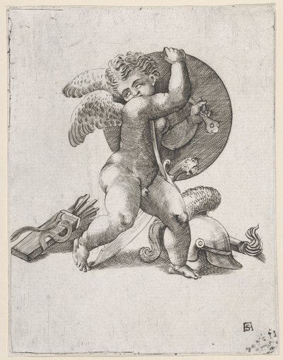 火星の武器を持つキューピッド、c1547-62。 作： Adamo Scultori
