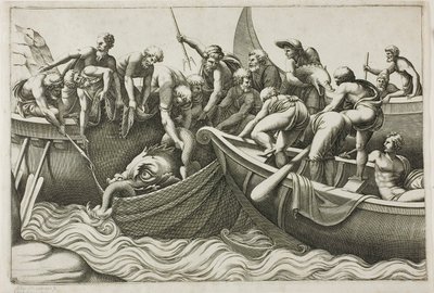 海の怪物を捕まえる漁師 作： Adamo Scultori