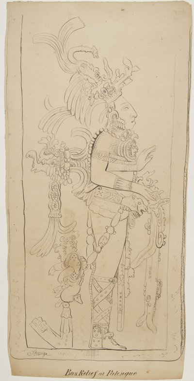 メキシコ、パレンケのバスレリーフ（墨＆黒鉛 作： Adela Breton