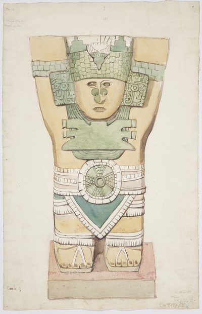メキシコ、チチェン・イッツァ、ジャガーの上部神殿（A神殿）、外室、カリヤチッドIII（水彩画 作： Adela Breton