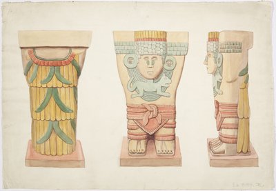 メキシコ、チチェン・イッツァ、ジャガーの上部神殿（A神殿）、外室、カリヤチッドII（水彩画 作： Adela Breton