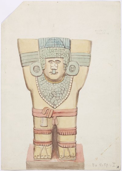 メキシコ、チチェン・イッツァ、ジャガーの上部神殿（A神殿）、外室、カリヤチッドI（水彩画 作： Adela Breton