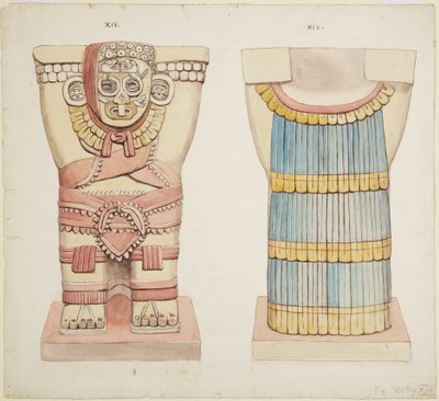 メキシコ、チチェン・イッツァ、ジャガーの上部神殿（A神殿）、大球技場、外室からのカリヤチッドXIV（水彩画 作： Adela Breton