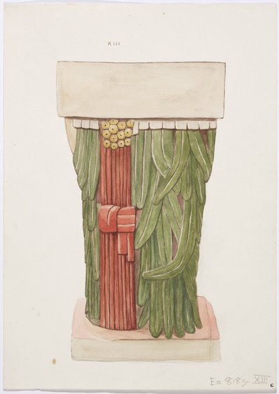 メキシコ、チチェン・イッツァ、ボール・コート神殿、神殿A、外室のカリアティッド（水彩画 作： Adela Breton