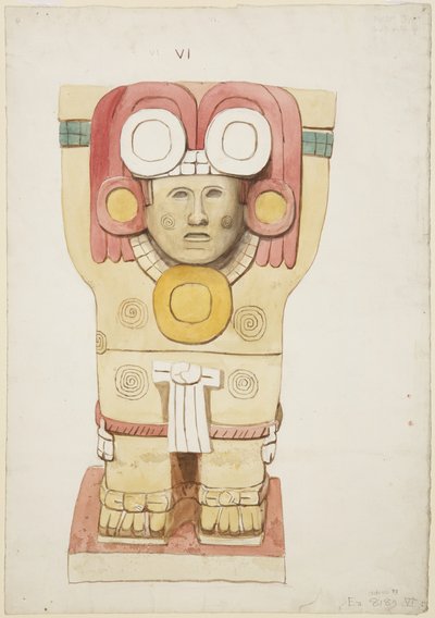 メキシコ、チチェン・イッツァ、神殿A、球技場、外室のカリアティッド（水彩画 作： Adela Breton