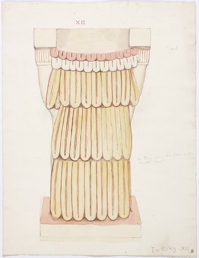メキシコ、チチェン・イッツァ、神殿A、球技場、外室のカリアティッド（水彩画 作： Adela Breton