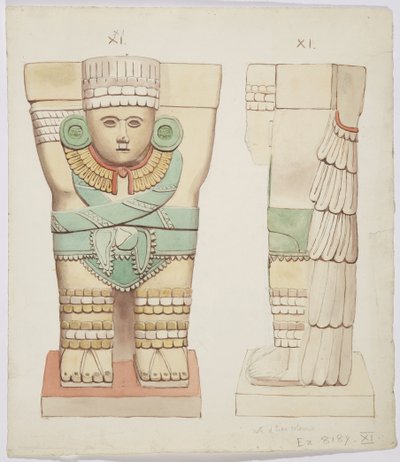 メキシコ、チチェン・イッツァ、ボールコート、神殿A、外室のカリアティッド（水彩画 作： Adela Breton