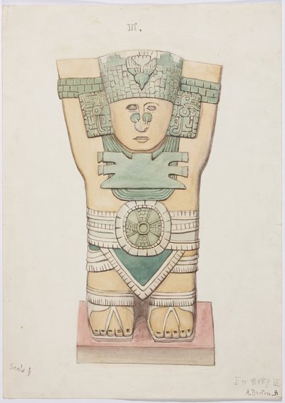 メキシコ、チチェン・イッツァ、神殿A、球技場、外室のカリアティッド（水彩画 作： Adela Breton