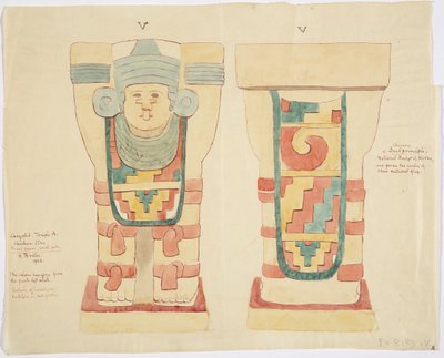チチェン・イッツァ、ジャガーの上部神殿（A神殿）、球技場、外室のカリアティッド（水彩画 作： Adela Breton