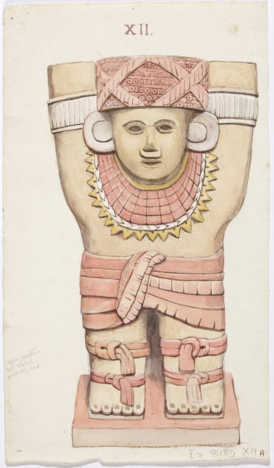 メキシコ、チチェン・イッツァ、神殿A、球技場、外室のカリアティッド（水彩画 作： Adela Breton