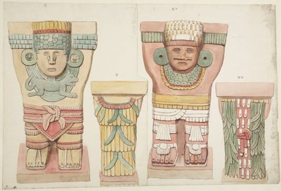 メキシコ、チチェン・イッツァ、ジャガーの上部神殿、外室からのカリアティッドIIとXV（水彩画 作： Adela Breton