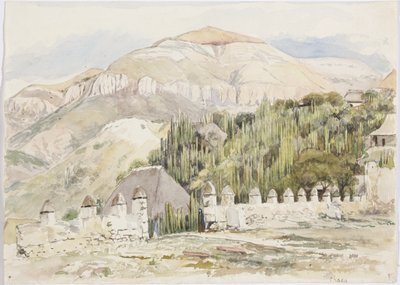 メキシコ、イダルゴ州メトシトラン、教会の囲い（水彩画 作： Adela Breton