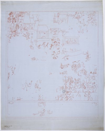 メキシコ、チチェン・イッツァ、ジャガーの上部神殿、東壁に描かれた壁画のコピー 赤インクの線（赤＆黒インク 作： Adela Breton