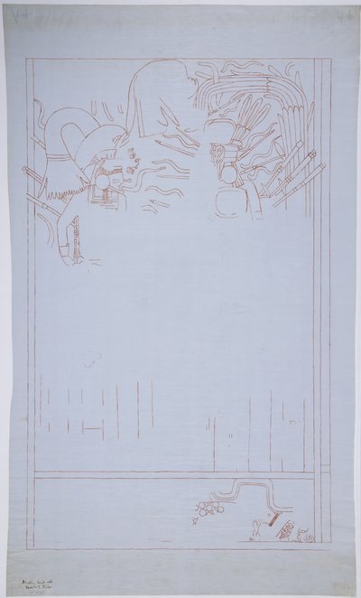 メキシコ・チチェン・イッツァ「ジャガーの上の神殿」東壁に描かれた壁画のコピー
 (赤インクと黒鉛で描かれた壁画) 作： Adela Breton