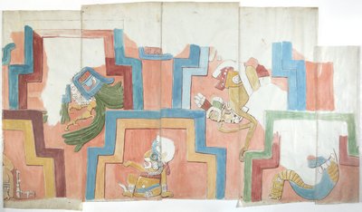 アカンセのピラミッド上の神殿のスタッコのファサードのコピー（水彩画 作： Adela Breton