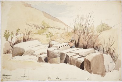 メキシコ、テスココ近くの倒れた像（紙に水彩） 作： Adela Breton