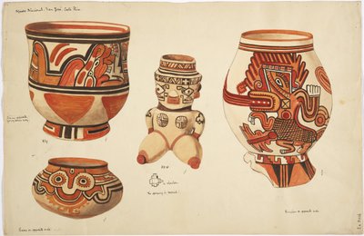 陶器4点（花瓶3点、フィギュア1点）（水彩画 作： Adela Breton