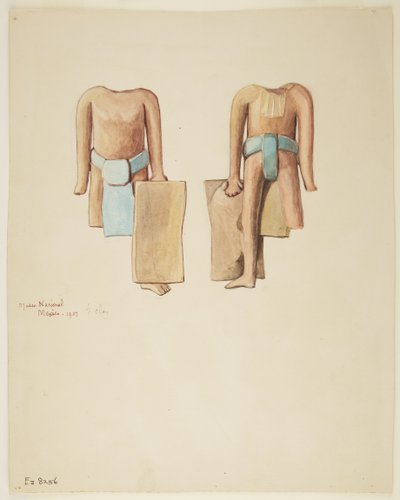 右足と右手の半分を失った頭のない人物の正面と背面（水彩画 作： Adela Breton