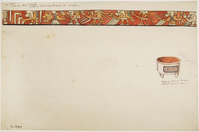グロテスクな人物が描かれた三脚型の花瓶と、長方形の中に絵柄が入った白い壺の内縁（水彩画 作： Adela Breton