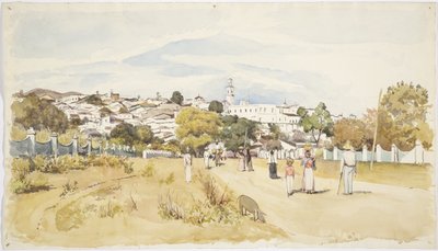 メキシコ、ベラクルス州、ハラパ（ハラパ）のビラージュを背景にした道路を歩く男女と子供たち（水彩画 作： Adela Breton