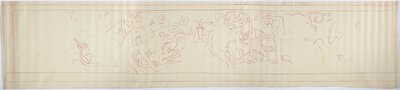 メキシコ、チチェン・イッツァ、ジャガーの上部神殿、西壁に描かれた壁画のアウトライン・トレース（赤インク、黒鉛 作： Adela Breton