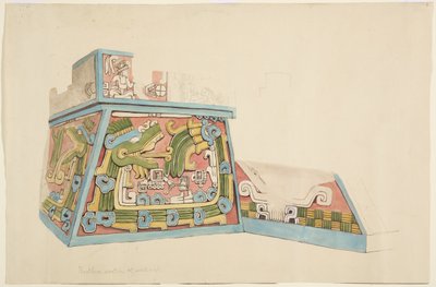 メキシコ・ソチカルコの石製レリーフの絵 下段テラスの西側の北端 水彩画（水彩画 作： Adela Breton