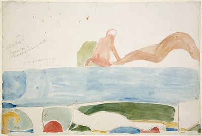 メキシコ、チチェン・イッツァ、ジャガーの上の神殿の内室、内扉の上に描かれた壁画（人間の生け贄を抽象的に描いたもの）の一部（水彩）。 作： Adela Breton