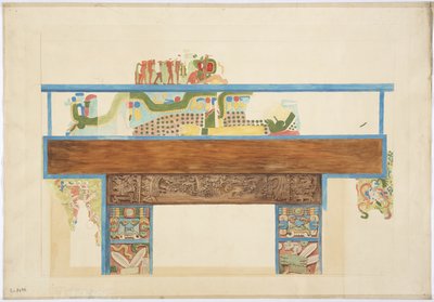 メキシコ、チチェン・イッツァ、ジャガーの上部神殿の西壁に描かれた壁画の1/4スケールコピー（水彩、ボディカラー、グラファイト 作： Adela Breton