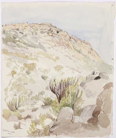 オアハカ州ミトラの丘の上に残る要塞の壁の跡（水彩画 作： Adela Breton