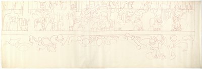 メキシコ、チチェン・イッツァ、ジャガーの上の神殿、南壁 南クォーター（赤インク、グラファイト 作： Adela Breton