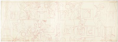 メキシコ、チチェン・イッツァ、ジャガーの上の神殿、南壁 北側クォーター（赤インク、黒鉛 作： Adela Breton