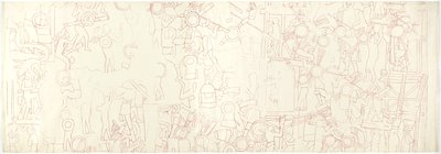 メキシコ、チチェン・イッツァ、ジャガーの上の神殿、南壁 南中央の4分の1（赤インク、黒鉛 作： Adela Breton