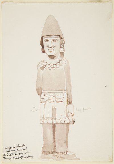 メキシコ・ベラクルス州北部、テアヨの像 キルトを着た男性像の石像を示す（水彩画 作： Adela Breton