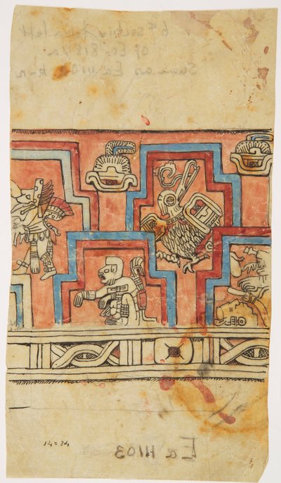 アカンセのスタッコのフリーズ（メキシコ 黒インクでトレースして水彩画（水彩画 作： Adela Breton