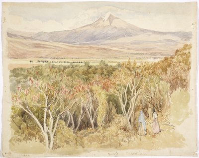 メキシコ・モレロス州ヤウテペックから見たポポカテペトル火山（水彩・グラファイト 作： Adela Breton